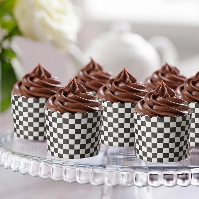 Qinyoung 150 Pcs Race Car Checkered Cupcake Wrappers Liners Black and White Paper Baking Cup Greaseproof Disposable Scalloped Checkered Flag Muffin Case for Racing Car Birthday Party Baby Shower Decor - Image 6