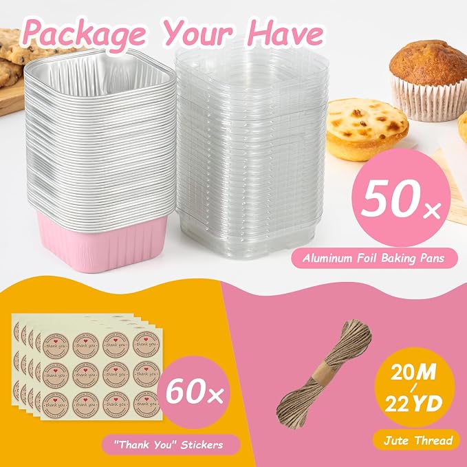 Mini Square Baking Cups with Lids, 50 Pcs Pink 5oz Aluminum Foil Cupcake Tins with Lids, Disposable Ramekins Flan Cake Pans Tins for Souffle, Dessert, Valentine, Wedding, Party Small Cake Containers - Image 6