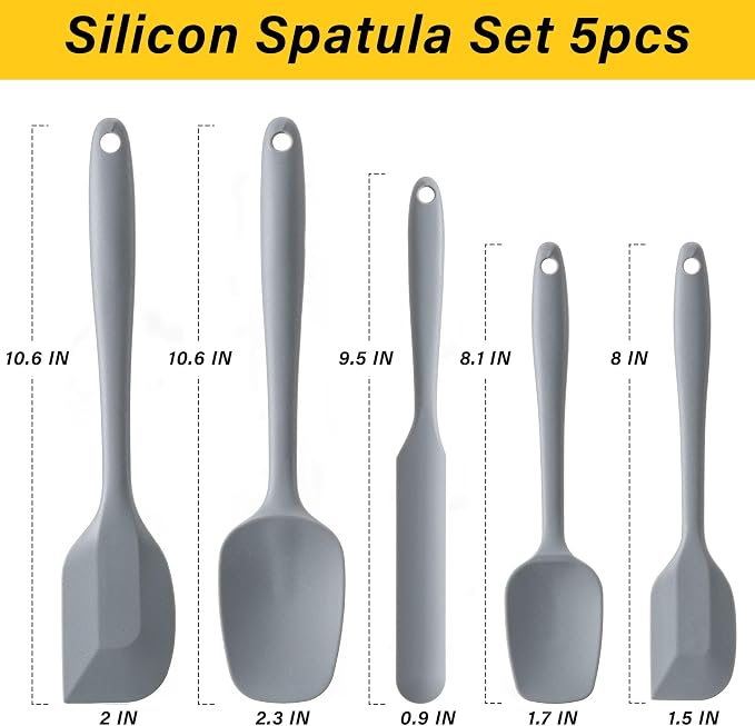 Silicone Spatula Set,5 Piece Food Grade Rubber Spatulas,Grey | Spatulas Silicone Heat Resistant for Baking,Cooking,and Mixing High Heat Resistant Non Stick Dishwasher Safe BPA-Free - Image 2