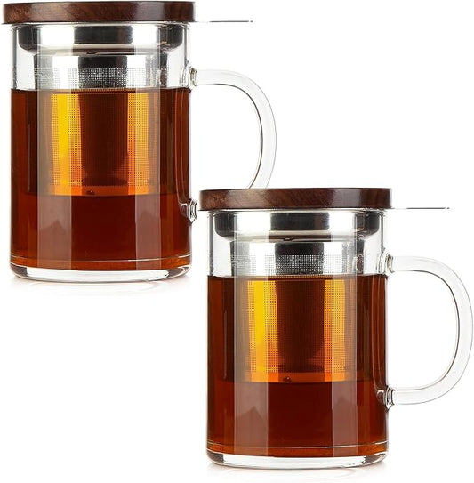 COMI Tea Cup with Infuser Walnut Lid&Handle, Glass Tea Cups with Wide Mouth Extra Large Capacity, Stainless Steel Tea Infuser Mug for Loose Leaf Tea Steeping(2PCS,14oz/400ml)