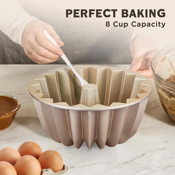 KITESSENSU Non-Stick Cake Pan, 9.5-Inch Aluminum Cake Mold, 8 Cup Fluted Heavy Duty Tube Pan, Durable Rust & Scratch-Resistant, Baking Mold for Jello, Gelatin, Chocoflan, Flan, French Wreath,Gold - Image 7