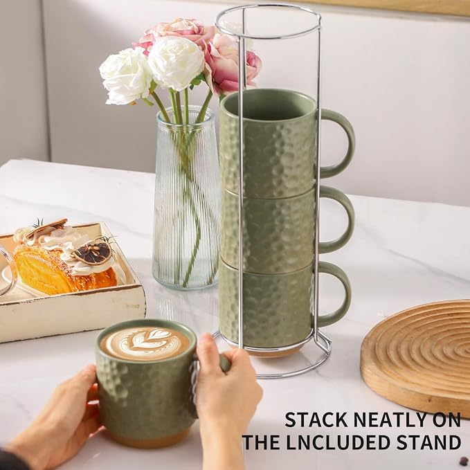 Nihow 16 Oz Ceramic Coffee Mug Set of 4 with Stackable Stand,Matte Green | Stackable, Stainless Stand Included, Cappuccino & Tea, Hot/Cold Drinks, Dishwasher & Microwave Safe - Image 5
