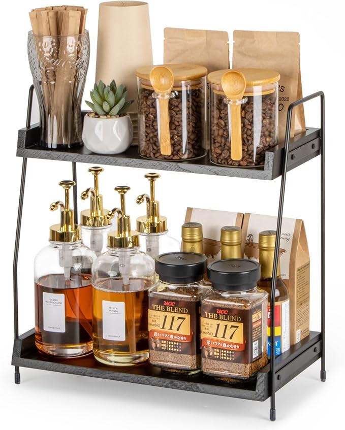 ANBOXIT 2-Tier Coffee Station Organizer, Wooden Kitchen Counter Shelf | for Coffee Bar Accessories, Condiment Storage Caddy for Kitchen, Home, Office - Black by ANBOXIT