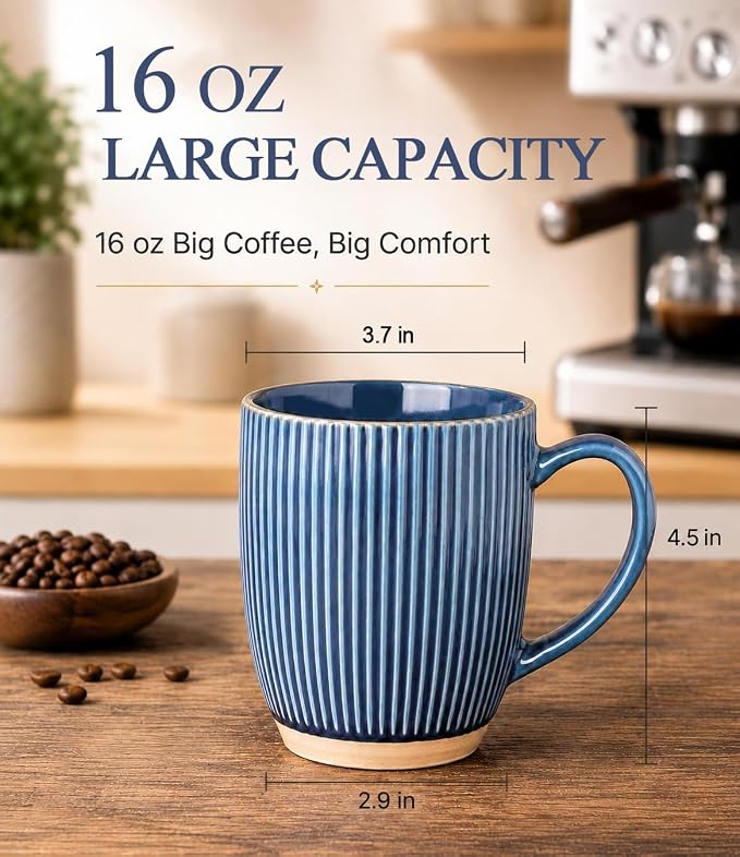 GBhome Large Coffee Mugs Set of 4, 16oz Handmade Embossed Coffee Mugs Set with Large Handle for Cappuccino/Latte/Tea/Hot Cocoa, Dishwasher & Microwave Safe, Blue - Image 2