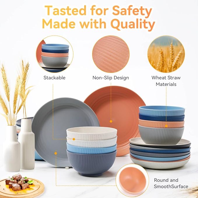 Wheat Straw Dinnerware Sets,64-Piece Plates and Bowls Sets for 8-Unbreakable,Reusable Plastic Dish Set-Dinner Plate/Dessert Plate/Cereal Bowl/Cup/Utensils-Dishwasher Safe 64P-Coral Coast - Image 4