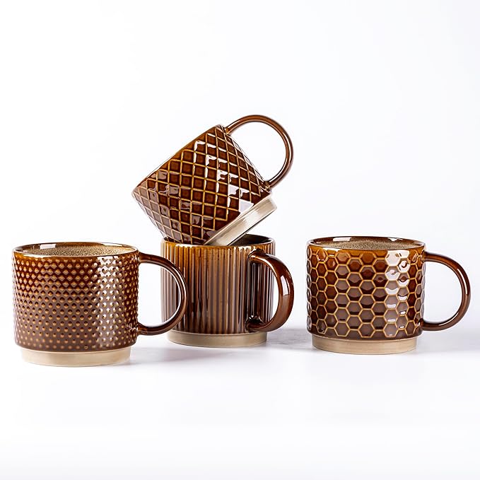 GBhome 6 OZ Stackable Coffee Mugs Set of 4, Ceramic Coffee Cups Set | 4 Assorted Designs, Embossed Mugs with Texture Patterns for Espresso/Tea, Dishwasher&Microwave Safe, Caramel by GBhome