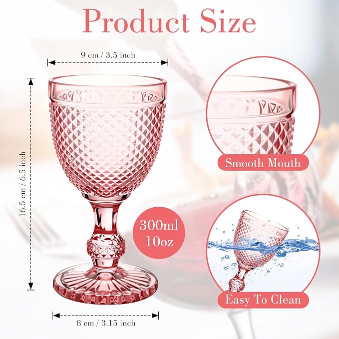 Bokon 6 Pack Pink Glass Goblets Set 10 oz High Clear Wine Glass Vintage Water Goblets Cups Embossed Diamond Design Glassware with Stem for Drinking Juice Liquor Party Wedding Bar - Image 3