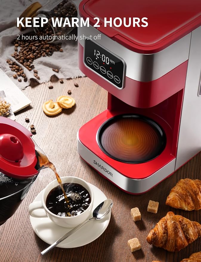 SHARDOR 10-Cup Programmable Coffee Maker, Regular & Strong Brew Drip Coffee Machine for Home and Office, Auto Shut Off, Permanent Filter (red) - Image 5