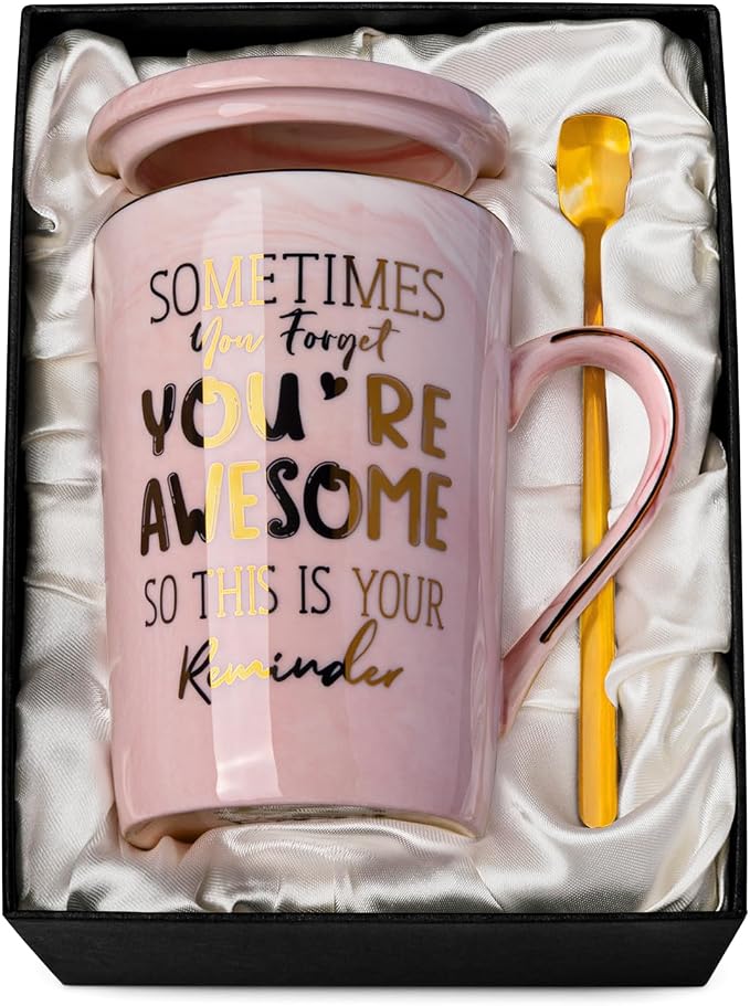 Birthday Thank You Gifts for Women, Sometimes You Forget You're Awesome Coffee Mug, Inspirational Christmas Gift for Her, Boss Lady Employee Coworker, 14oz Pink Marble Gold Print Cup, Nice Gift Boxed by ALBISS
