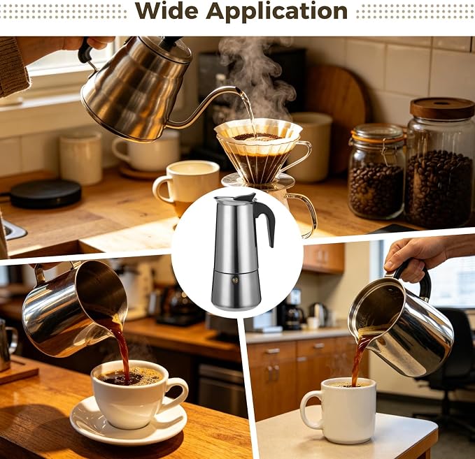 12 Cup 600 ml Moka Pot, Stainless Steel Stovetop Espresso Maker with Anti Scalding Handle, European Percolator Coffee Pot for Home Kitchen, Cafe, Restaurant, Induction, Gas, Electric Stoves - Image 4