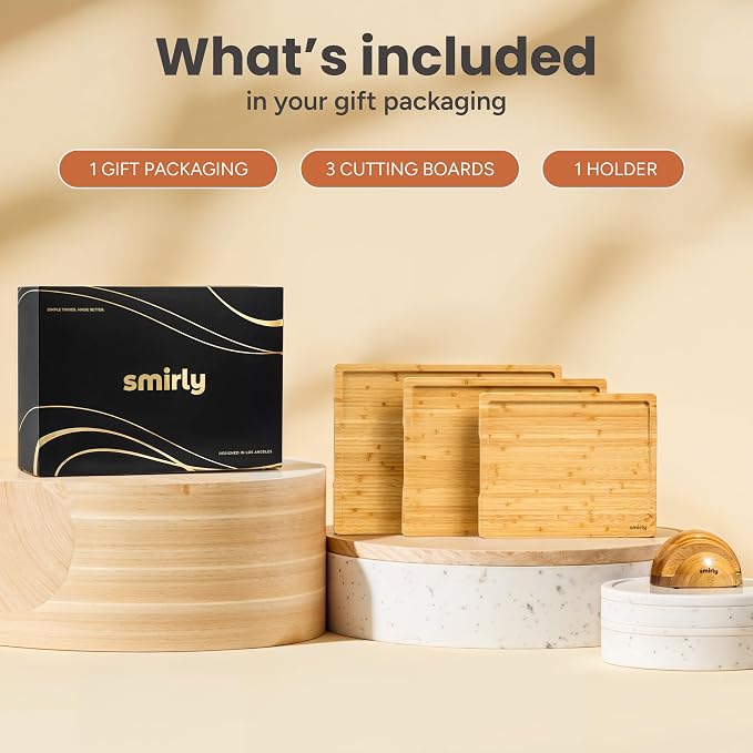 SMIRLY Cutting Boards for Kitchen, 3 Piece Bamboo Cutting Board with Stand | Non Toxic Wooden Cutting Board with Juice Grooves and Handles, Multiple Sizes Chopping Boards for Meat Vegetable Charcuterie - Image 2
