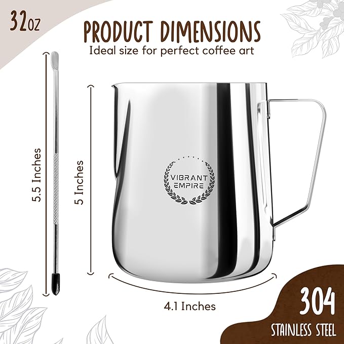 Milk Frothing Pitcher, 32OZ (900ml)– Stainless-Steel Milk Frother Cup with Latte Art Pen– Measurement on Both Sides– Rust-Resistant Frothing Pitcher for Milk, Cappuccino32OZ (900ml)