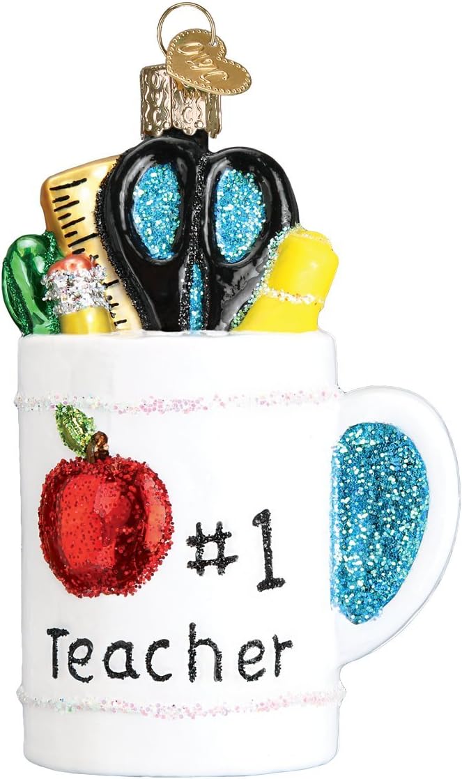 Old World Christmas 32318 Gifts Glass Blown Ornaments, Best Teacher Mug 3.75 X 2.25 X 1.75