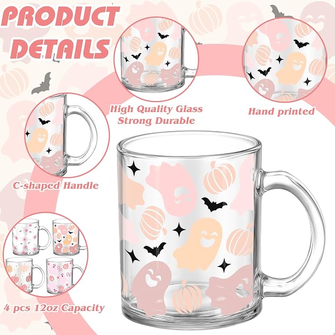 Tioncy 4 Pcs Halloween Ghost Coffee Mugs 12 oz Ghost Glass Cups with Handle Spooky Coffee Cup Pink Mug Cute Gifts Drinking Containers for Halloween Holiday Party Drinkware Accessories - Image 3
