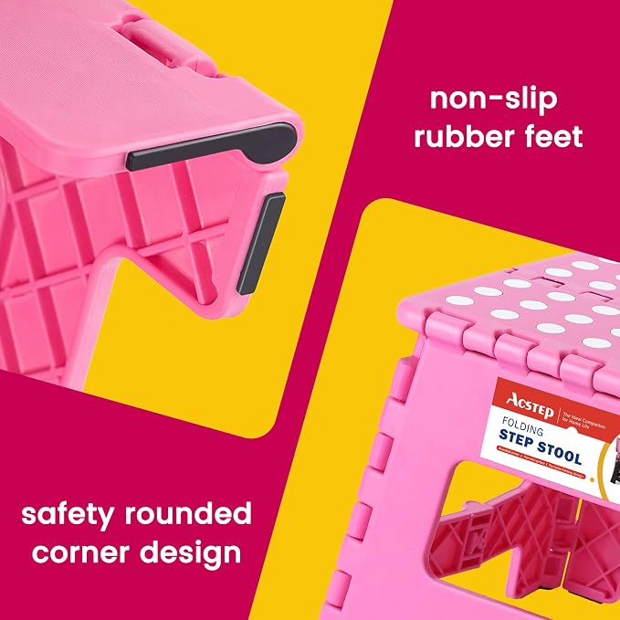 ACSTEP 9" Folding Step Stool for Kids, Holds 300 lb Foldable Stools, Pink | Heavy Duty Collapsible Foot Stools, Lightweight, Non-Slip, for Toddler/Adults Kitchen Bathroom Bedroom Outdoor, with Handle - Image 2