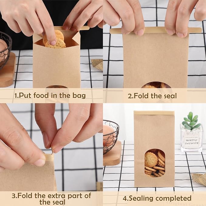 250 Pcs Bakery Bags with Window Small Kraft Paper 3.54 x 2.36 x 6.7 Inch Cookie Treat Tin Tie Tab Lock Brown for Coffee Food Candy Gift Packaging Party - Image 3