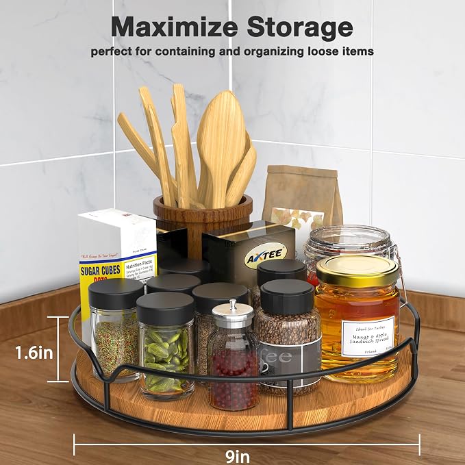 Lazy Susan Turntable Organizer for Cabinet Pantry Kitchen Countertop Refrigerator Cupboard, Pine Wood, 9", Carbonized Black - Image 7