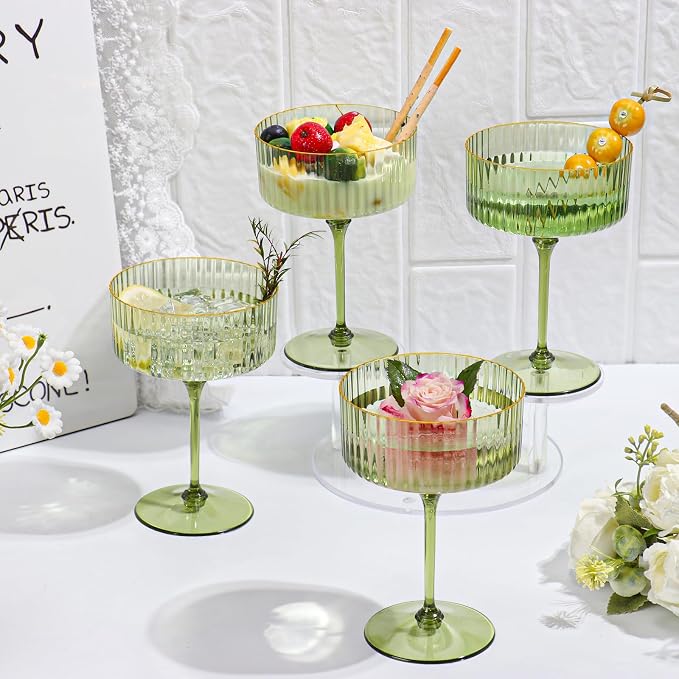 24 PCS Gold Rim Plastic Champagne Coupe Cup Sage Green Ribbed Coupe Glasses 10oz Detachable Espresso Martini Glass Vintage Margarita Glassware Cocktail Glass Set for Baby Shower Christmas Wedding - Image 3