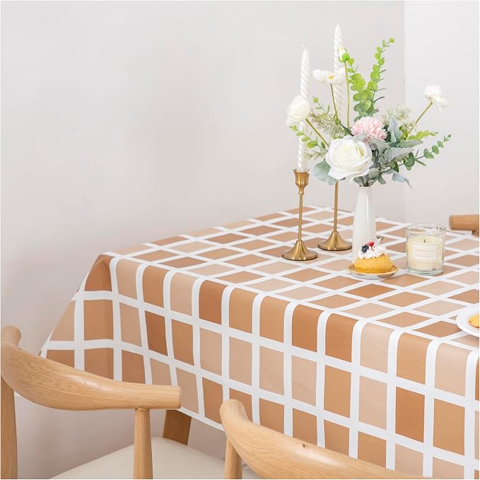 FIFTY FEET 70 * 52 Inch Rectangle Tablecloth, Vinyl Tablecloth with Flannel Backing for Rectangle Tables Waterproof, Plastic Picnic Table Cover for Dining Table/Buffet Parties/Camping(Brown Plaid) by FIFTYFEET
