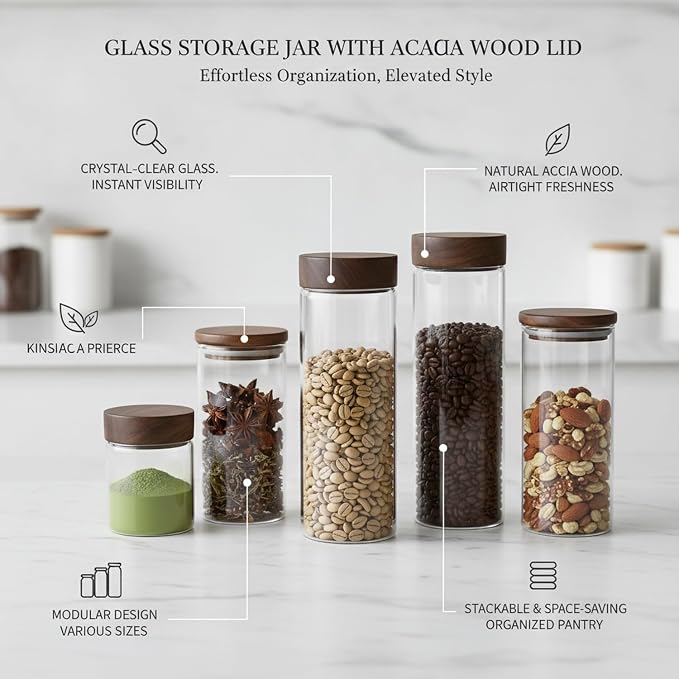 Clear Glass Storage Jar with Acacia Wood Lid - Kitchen Canister for Pantry Organization, Countertop Display, and Dry Food Storage - Image 5