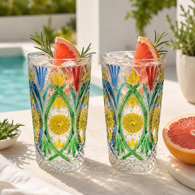 Tumbler Glasses 14oz Drinking Glasses Set of 2, Hand Painted Floral | Highball Glasses Lead-Free Crystal Tall Water Glass Glassware for Mojito, Cocktail, Juice, Bar, Kitchen & Everyday Use - Image 2