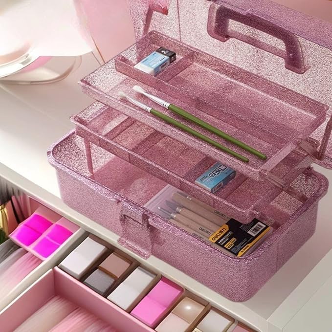 Saim Storage Bins,Three-Layer Multipurpose Art & Craft Storage Container,Carry Tackle Organizer,Medicine Cosmetic Art Supply Box for Art Supply Makeup Hair Accessories Painting Tools - Pink