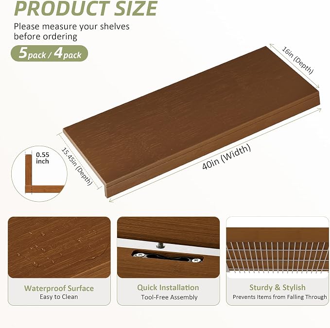 Wire Shelf Covers, Bamboo Wire Rack Covers for Pantry, Closet，Kitchen (4pcs, 40" W x 16" D, Walnut) - Image 2