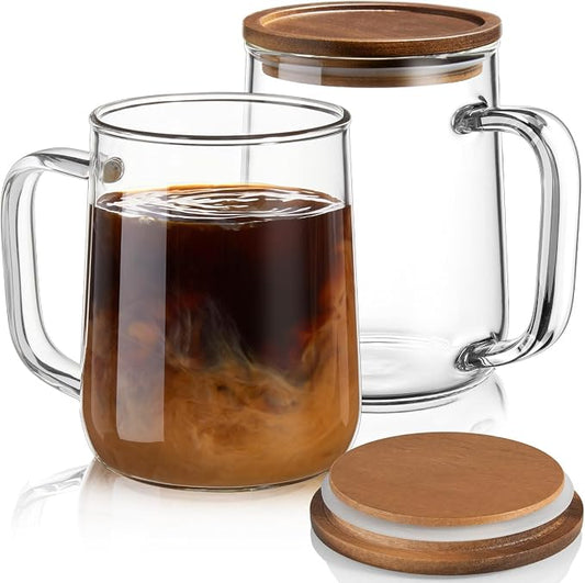 Glass Coffee Mugs, 20 oz Glass Coffee Cups with Acacia Wood Lids, Clear Borosilicate Glass Mugs with Handles for Cappuccino, Tea, Latte, Hot/Cold Beverages, Wine, Americano, Set of 2 by Unknown