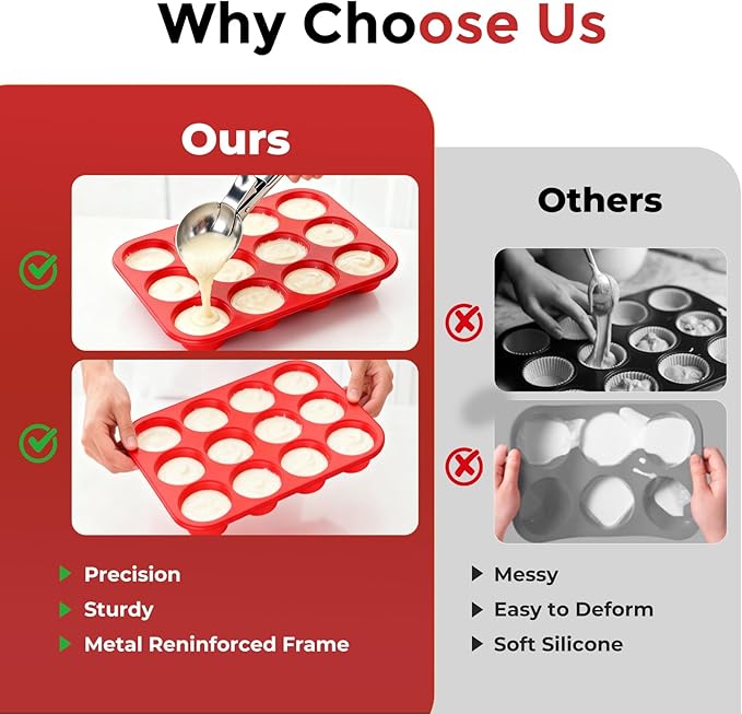 Silicone Cupcake Pan with Christmas Topper: 12 Cup Muffin Pan with Metal Reinforced Frame, Regular Size Cupcake Tray for Baking, BPA Free Silicone Muffin Tray, Dishwasher Safe (1 Pack, Red)
