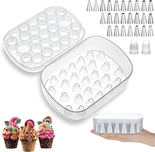 Piping Tip Organizers Box 27 Grids Storage Container Box with 25 Pcs Seamless Piping Tips 2 Adapters Baking Organizer Compartment for Stainless Steel Nozzles Tip Cake Decorating Tools Jewelry Beads