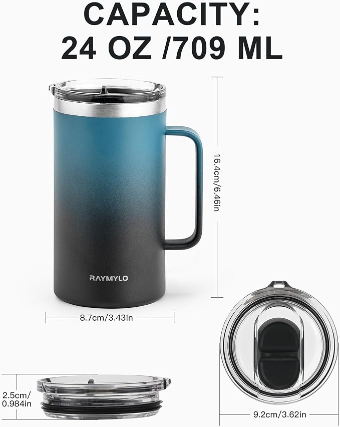 RAYMYLO Insulated Coffee Mug 24 oz, Spill-Proof & Detachable Slider Lid | Double Wall Stainless Steel with Thorough Clean Lid & Handle, Cold for 9 Hrs, Suitable for Camp Home Office - Image 6