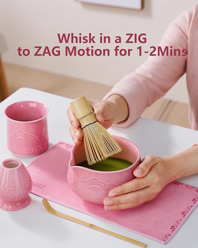 ZENS 7pcs Matcha Set, Matcha Whisk Set Includes Pink Bowl and Cup for Bamboo Whisk, (Chasen Holder), Scoop, 304 Sifter and Tea Mat, Pink Matcha Kit for Matcha Lovers