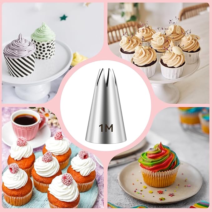 3 Pcs 1M Cake Piping Tips, Stainless Steel Icing Tips Seamless Frosting Piping Kit 1M Star Tip Nozzles for Buttercream Pipings Cake Cupcake Cookie Dessert DIY Art