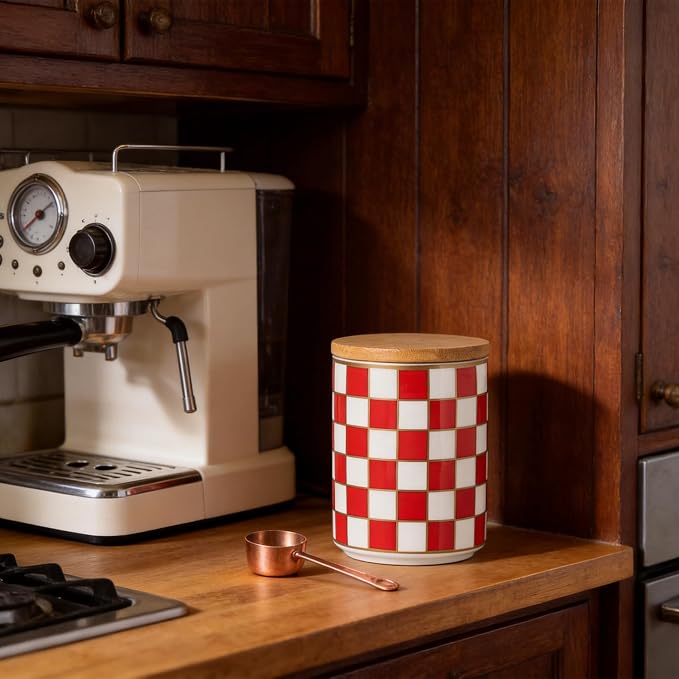 Kitchen Countertop Ceramic Checkered Canisters,Black And White Food Storage Containers With Lid,Airtight Kitchen Canisters for Flour, Sugar, Coffee, Tea, and Dry Goods (Red, Small) - Image 2