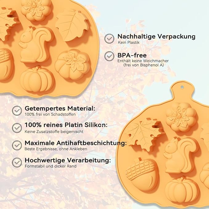 2 Pcs Fall Silicone Molds for Chocolate 3D Halloween Thanksgiving Candy Molds Fall Maple Leaf Pumpkin Squirrel Hazelnut Molds for Baking Making Chocolate Dessert Gummy Jelly Cupcake Topper Decoration