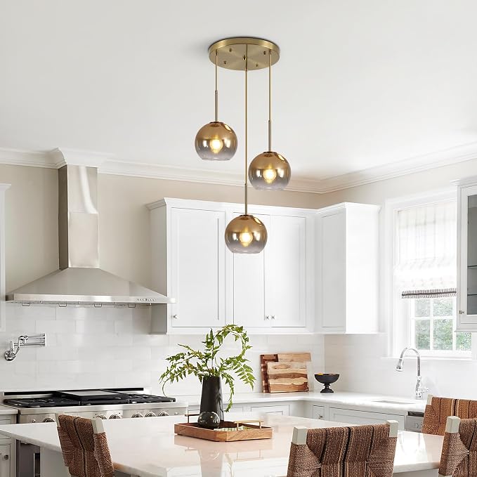 KCO Lighting 3 Light Globe Cluster Pendant Light Modern Glass Cluster Chandelier Gold Glass Pendant Light Fixture Mid Century Dining Room Chandelier Multi Pendant Light Fixture - Image 6