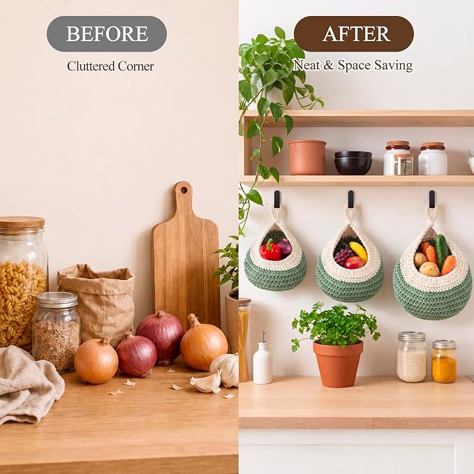 Honeydak Boho Decor Hanging Wall Baskets for Kitchen 3 Pack Teardrop Baskets with Hooks Storage Fruit Onion Vegetable Potato for Home 3 Sizes(White with Sage Green,Teardrop,Cotton Rope) - Image 5