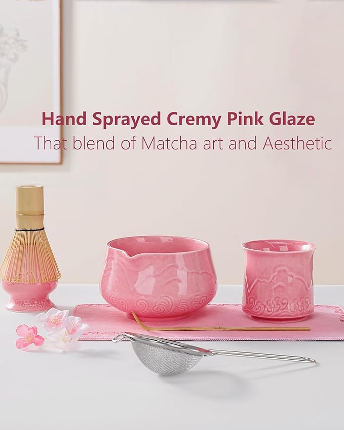 ZENS 7pcs Matcha Set, Matcha Whisk Set Includes Pink Bowl and Cup for Bamboo Whisk, (Chasen Holder), Scoop, 304 Sifter and Tea Mat, Pink Matcha Kit for Matcha Lovers