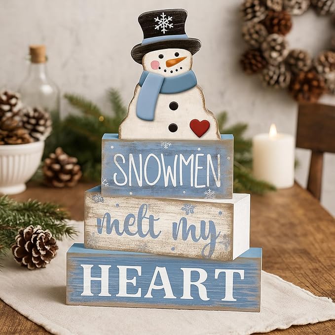 Moucuny 4 Pcs Winter Table Decorations Blue and White Snowman Decor Winter Tiered Tray Decor Valentines Day Centerpiece Rustic Decorative Hat Snowman Block Signs Gift Farmhouse for Home Kitchen Shelf - Image 3