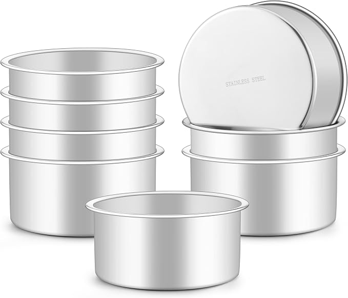 Onader 4 Inch Cake Pans Sets of 8 for Baking, Stainless Steel Mini Round Smash Cake Bake Pan, Small Size & Non Toxic for Birthday Wedding by Onader