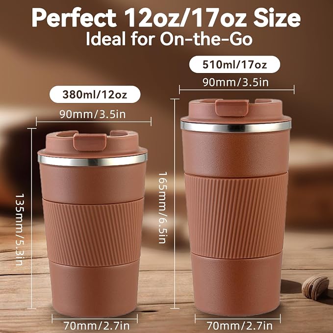 12OZ Travel Coffee Mug Insulated Coffee Cup with Spill Leak Proof Lid, Portable Stainless Steel Tumbler Reusable Hot and Cold Water Mug for Car, Daily, Camping- Coffee - Image 2