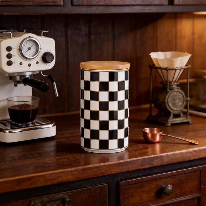Kitchen Countertop Ceramic Checkered Canisters,Black And White Food Storage Containers With Lid,Airtight Kitchen Canisters for Flour, Sugar, Coffee, Tea, and Dry Goods (Black, Large) - Image 7