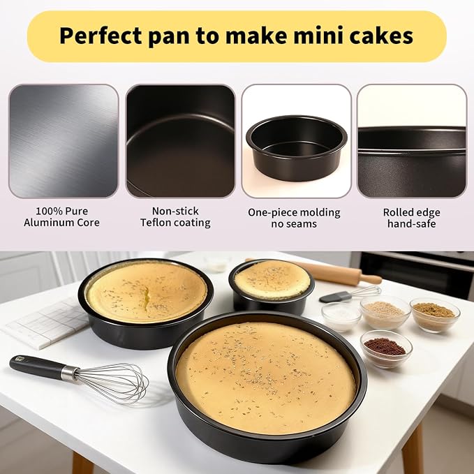 3-Piece Round Cake Pans Set (4", 6", 8"), Heavy-Duty Carbon Steel Baking Pan Set for Layer Cakes and Deep Dish Pizzas, Non-Stick Professional Tiered Cake Molds, Straight Side & Dishwasher Safe, Grey - Image 6