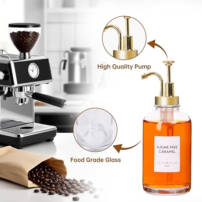 STARSIDE Coffee Bar Accessories 2 Pack - 16.9 oz/500 ml Glass Syrup Dispenser with Leakproof Gold Curved Pumps for Home Coffee, Cafes, Cocktails - Includes 31 Printed Labels, 5 Blank Labels