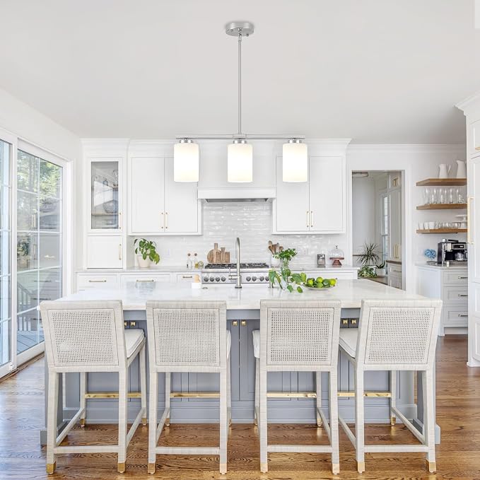 Brushed Nickel Kitchen Island Lighting Modern Dining Room Light Fixtures | 3-Light Linear Chandelier Over Table, 21.25'' Island Lights for Kitchen White Frosted Glass Shades, Adjustable Height - Image 2