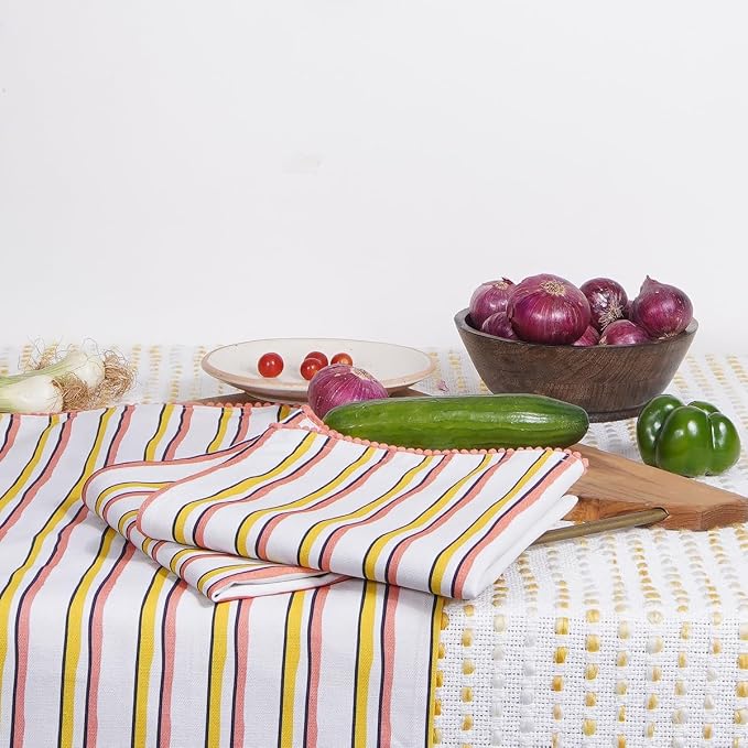 Printed Kitchen Dish Bar and Tea Towels Cotton, 18x28 inch with Trims, Cotton Dish Towel Sets (Yellow Stripes, Set of 6) - Image 2