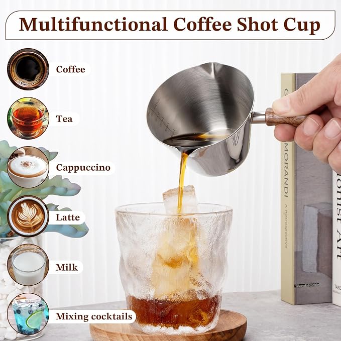 Amrules Espresso Cup, 6.8 oz/200 ml Stainless Steel Coffee Shot Measuring Cup with Wood Handle, Double V-Shaped Mouth and Clear Scale for Cappuccino Barista Coffee Bar Accessories, Silver - Image 6