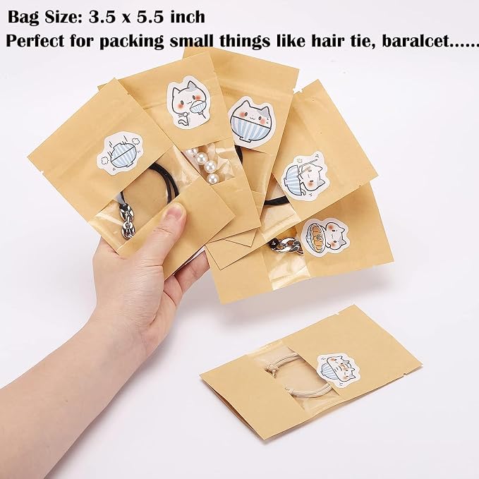 100pcs 3.5 x 5.5 inch Kraft Paper Treat Bags with Window Ziplock Stand Up Pouches for Food Storage Cookies Snacks Tea Packing - Image 2