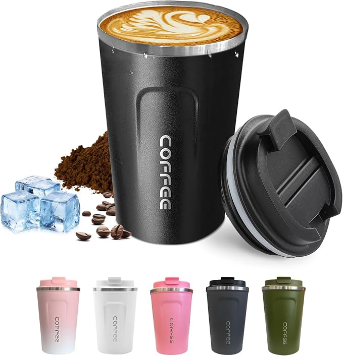 SPLMIFA Travel coffee mugs leak-proof, reusable coffee cups with lids, stainless steel vacuum insulated coffee tumblers, thermal insulation cups for men & women keep drinks hot & cold(2nd-Black, 17OZ) by SPLMIFA