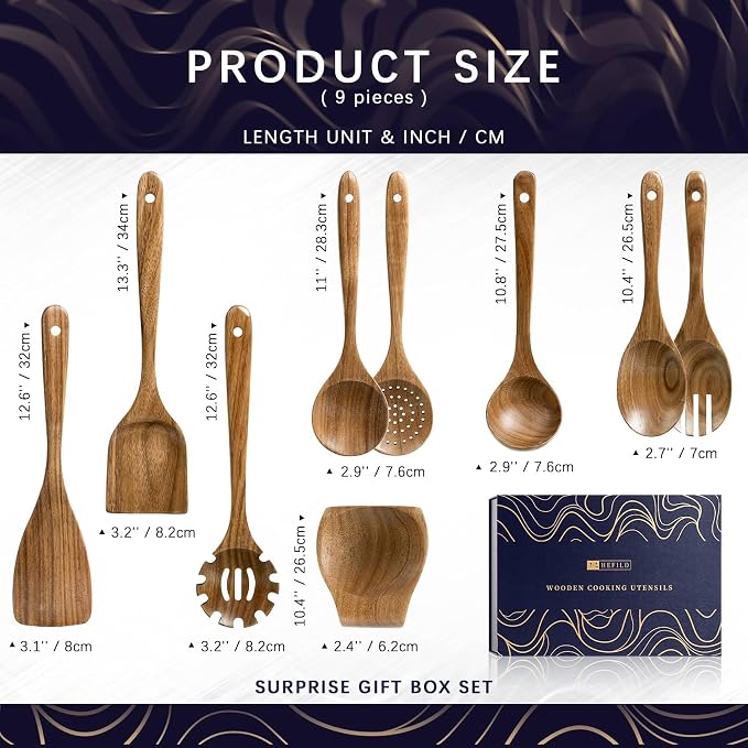 Wooden Spoons for Cooking, 9-Piece Acacia Wood Utensil Gift Set | Spoons and spatulas stir, mix, flip and serve; gift-ready box makes it ideal for housewarmings, weddings and new kitchens. - Image 2